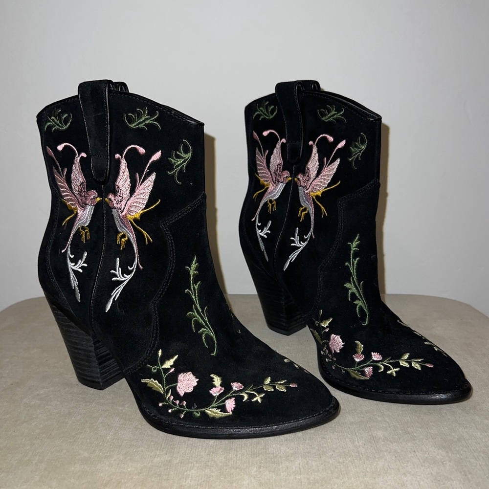 Ash Jenny Embroidered Western Bootie (Black/Birds)